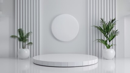 Poster - A white room with a white round table and two potted plants. The room is empty and has a minimalist design