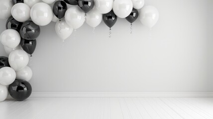 Poster - A room with a white wall and a black and white balloon arch. The balloons are arranged in a way that creates a sense of movement and flow. The room appears to be empty