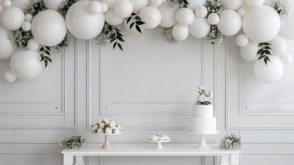 Poster - A white table with a cake and flowers on it. The table is surrounded by balloons and the balloons are white