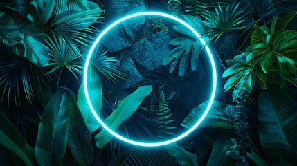 Wall Mural - Neon Circle with Jungle Leaves Background