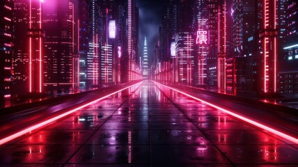 Poster - A city street with neon lights and a bridge in the background