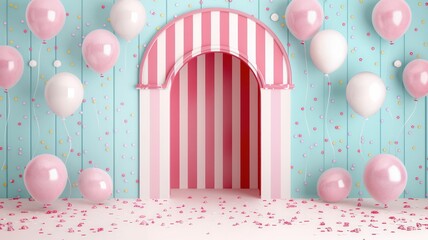 Wall Mural - A pink and white striped archway with pink and white balloons