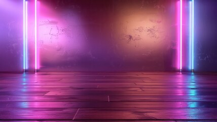 Poster - A neon lighted room with a purple wall and a wooden floor. The room is empty and has a futuristic feel to it