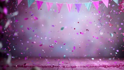 Poster - A pink background with pink and purple banners and confetti. The confetti is falling from the ceiling and the banners are hanging from the ceiling