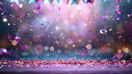 Poster - A purple background with lots of confetti and stars. The confetti is falling from the sky and the stars are scattered throughout the scene. Scene is celebratory and festive