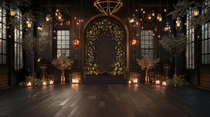 Poster - A large room with a chandelier and a floral arch. The room is dark and has a romantic atmosphere