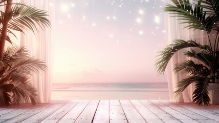 Aufkleber - A beach scene with a view of the ocean and palm trees. The curtains are open, revealing the beautiful view