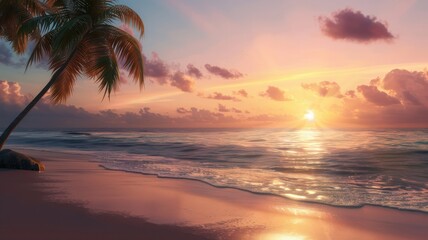 Fototapete - A beautiful sunset over the ocean with a palm tree in the foreground. The sky is filled with clouds, creating a serene and peaceful atmosphere