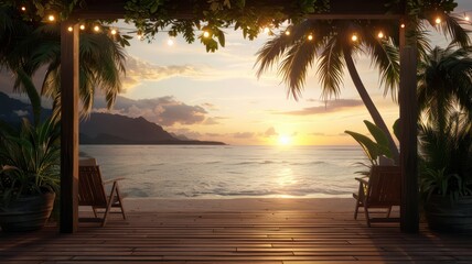 Aufkleber - A beach scene with a sunset in the background. The scene is peaceful and relaxing. There are two chairs on the beach, one on the left and one on the right