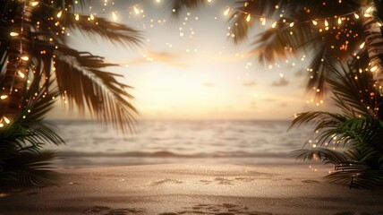 Aufkleber - A beach scene with a palm tree and a body of water. The scene is lit up with lights, creating a warm and inviting atmosphere