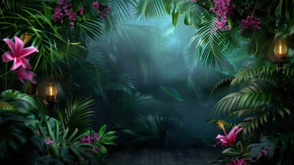 Aufkleber - A lush jungle with a large green tree in the foreground and a pink flower in the background. The scene is full of life and color