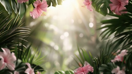Poster - A lush green jungle with pink flowers and leaves
