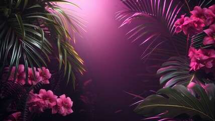 Poster - A tropical forest with pink flowers and green leaves