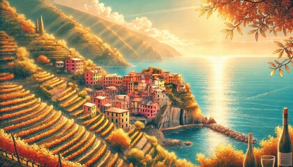 A charming Cinque Terre in autumn, featuring terraced vineyards, colorful houses by the Mediterranean sea