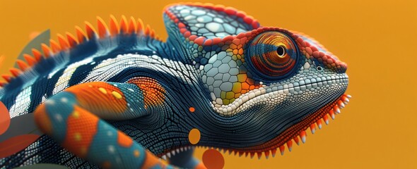 Wall Mural - Vibrant chameleon with colorful scales and spikes stares intently, showcasing nature's beauty in a tropical setting. Mesmerizing pattern of oranges, greens, and blues up close