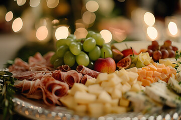 A close-up of a charcuterie board with an assortment of cheeses, meats, and fruits, arranged elegantly with a blurred party background 