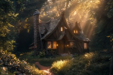 Poster - fairytale cottage beckoned with its inviting glow