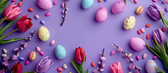 Aufkleber - Easter-themed flat lay with vibrant tulips, pussy willow, colorful eggs on violet backdrop, featuring a festive concept and copy space image.