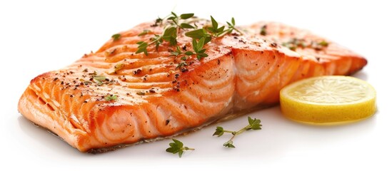 Poster - Banner design featuring a mouthwatering grilled salmon on a white background with copy space image.