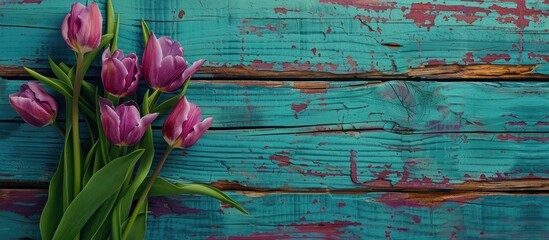 Poster - Vintage toned background with purple tulips on weathered blue-red wood, offering empty space for text in the image. Copy space image. Place for adding text and design