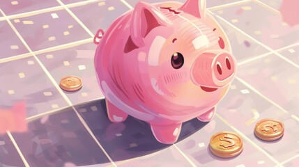 Wall Mural - Cute piggy bank, animated style, coins symbol, saving money, blush, grid background, playful, charming.