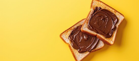 Poster - White toast with chocolate hazelnut spread on a yellow background, a breakfast idea with a mockup for text, ideal for a flat lay photo with copy space image.