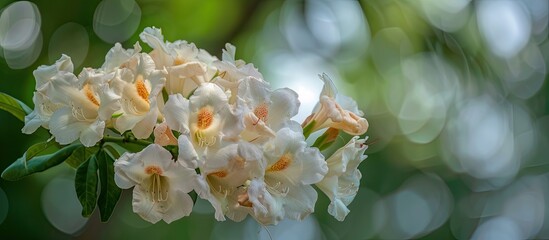 Poster - A detailed image of a silver trumpet tree flower bouquet against a tree backdrop, with ample space for additional content.