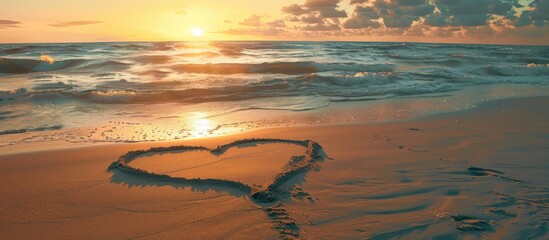 Poster - Heart drawn in sand on secluded beach at sunset, creating a romantic and peaceful setting; ideal for wedding or Valentine's Day with a sandy copy space image.
