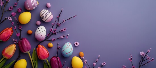 Wall Mural - Easter-themed flat lay with vibrant tulips, pussy willow, colorful eggs on violet backdrop, featuring a festive concept and copy space image.