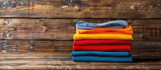 Aufkleber - Colorful t-shirts stacked on a wooden backdrop with copy space image.