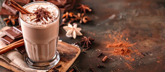 Canvas Print - Chilled cocoa drink served with cold milk, perfect for cozying up with. Add a flair with a sprinkle of cinnamon before enjoying. Ideal for menus and promotional copy space image.