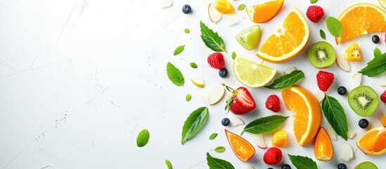 Poster - A fruit salad with green leaves displayed on a white backdrop to enhance vibrant colors in the copy space image.