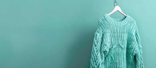 Poster - Mint background with knitted sweater on hanger, featuring copy space image.