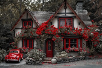 Wall Mural - fairytale cottage covered with red flowers