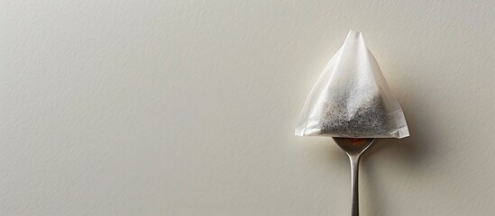 Poster - Tea bag placed on a spoon against a light background with copy space image.