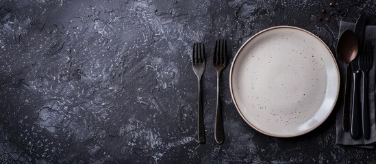 Poster - Cutlery laid out on a kitchen table with an empty ceramic plate against a dark textured concrete background, creating a setting with a copy space image.