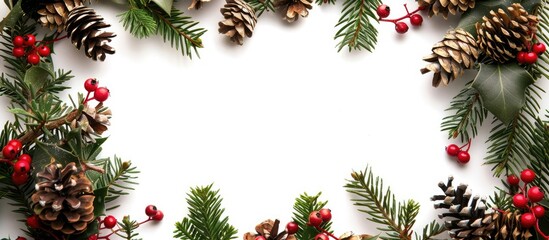 Leinwandbilder - A Christmas-themed green frame adorned with cones and holly berries set against a white background with empty space for text or images. Copy space image. Place for adding text and design