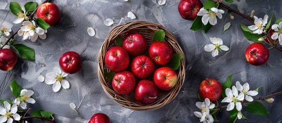 Poster - A flat lay view of a basket with ripe red apples, apple blossom flowers, and copy space image from above.