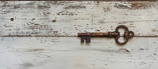 Aufkleber - Antique key mounted on rustic white planks conveying a concept of success, with copy space image.