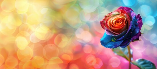 Poster - Vibrant rainbow rose on colorful backdrop with copy space image.