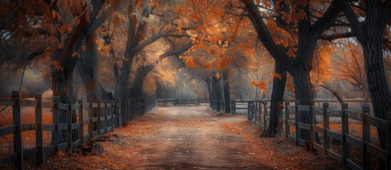 Poster - A charming autumn scene with a fuzzy alley lined by trees and a fence in the park, ideal for adding a text or logo in the copy space image.
