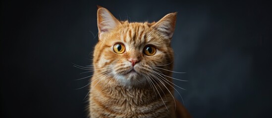 Poster - A close-up studio portrait features an adorable Scottish straight cat against a dark backdrop, leaving room for text or other elements in the image. Copy space image. Place for adding text and design