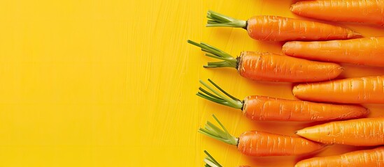 Poster - Fresh carrots arranged on a bright background with space for text or other elements, seen from above. Copy space image. Place for adding text and design