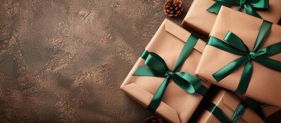 Poster - Gift boxes with a festive touch, wrapped in brown paper and tied with a green ribbon, presented in a copy space image.