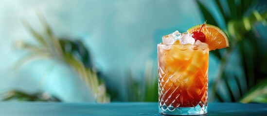 Aufkleber - A refreshing mai tai cocktail displayed on a blue background with ample copy space image.