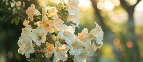 Poster - A detailed image of a silver trumpet tree flower bouquet against a tree backdrop, with ample space for additional content.