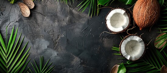 Aufkleber - Tropical coconut displayed on a dark stone surface with palm leaves, creating a refreshing and tropical atmosphere in a top-down view with room for your message in the copy space image.