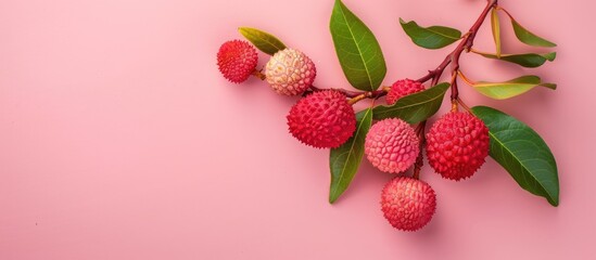Aufkleber - Flat lay composition of a lychee on a pink background with copy space image available.