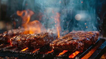 Wall Mural - mouthwatering closeup of sizzling meat on grill perfect char marks rising smoke vibrant colors droplets of juice rustic barbecue setting culinary perfection appetizing textures