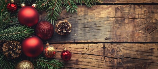 Sticker - Vintage retro style Christmas decorations displayed on a rustic wood background with empty space for text or copy space image.